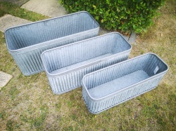 Set Of 3 Ribbed Trough Vintage Grey Zinc Galvanised Metal Garden Planter Flower Pot/TubM